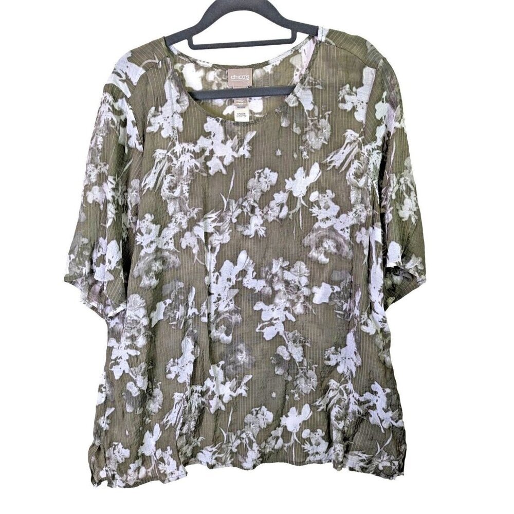 Chicos Womens Green Floral Light Sheer Shirt Top Short Sleeves size 3 XL 16 18